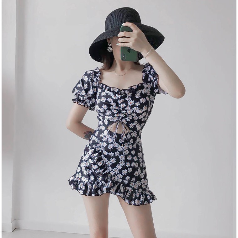Bộ đồ bơi nữ hoa nhí liền mảnh trễ vai nữ tính kín đáo