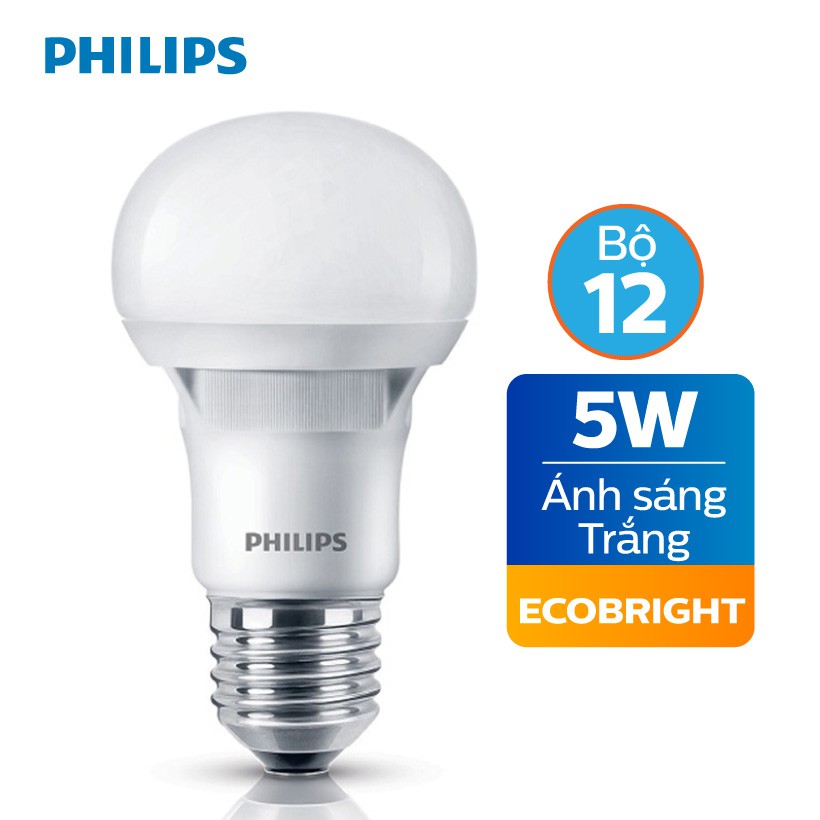 Bộ 12 Bóng đèn Philips Ecobright LEDBulb 5-60W E27 A60 6500K - Ánh sáng trắng