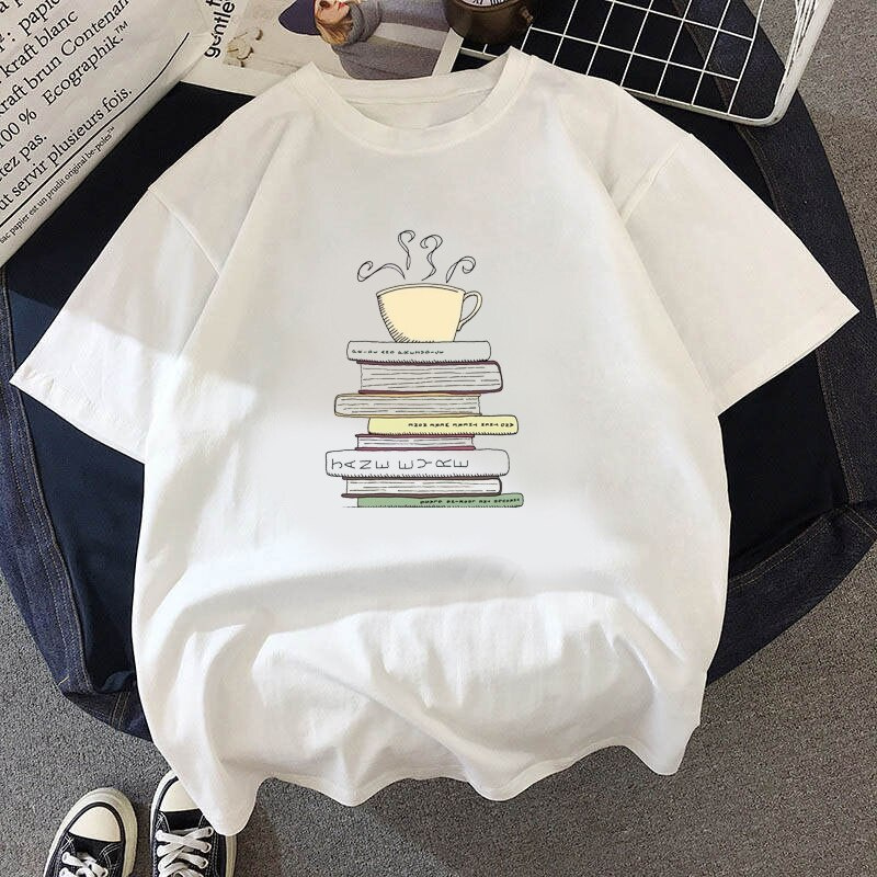 Women Vintage Style Fashion Stacked Books Print Funny Summer T Shirt Women Vogue Princess Short T Shirt