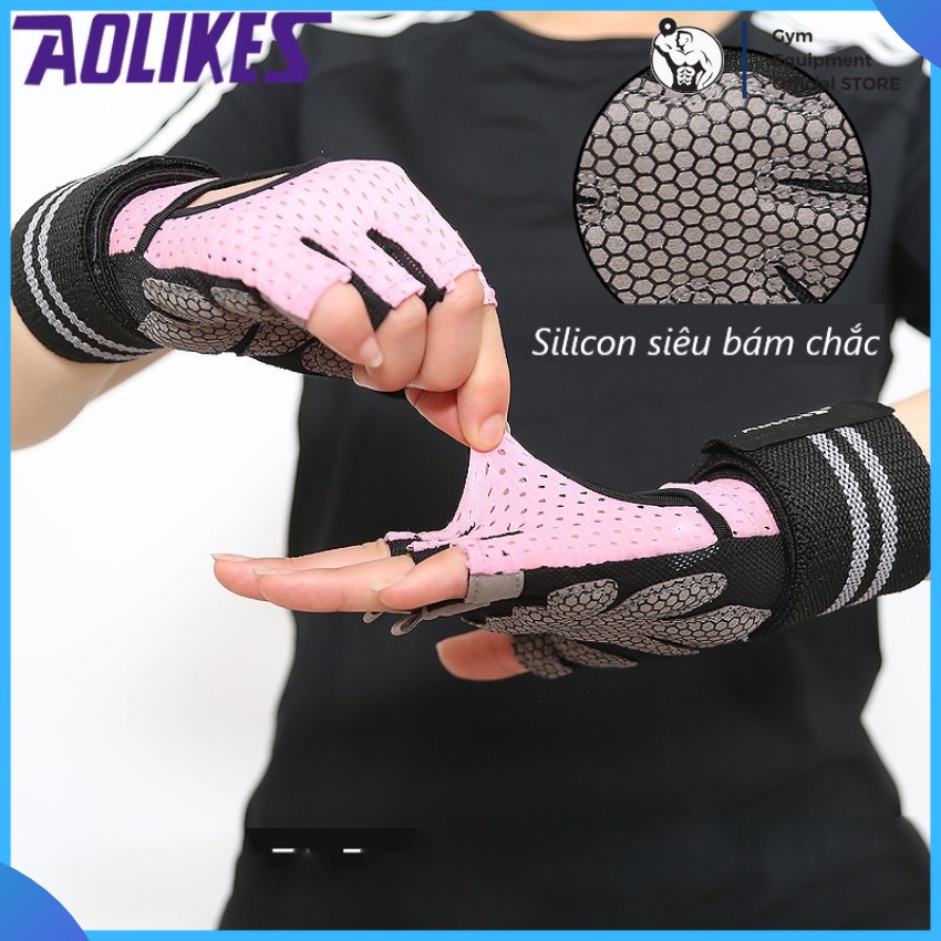 Găng tay nam nữ Aolikes hở ngón có quấn cổ tay tập gym chơi thể thao G.E.O