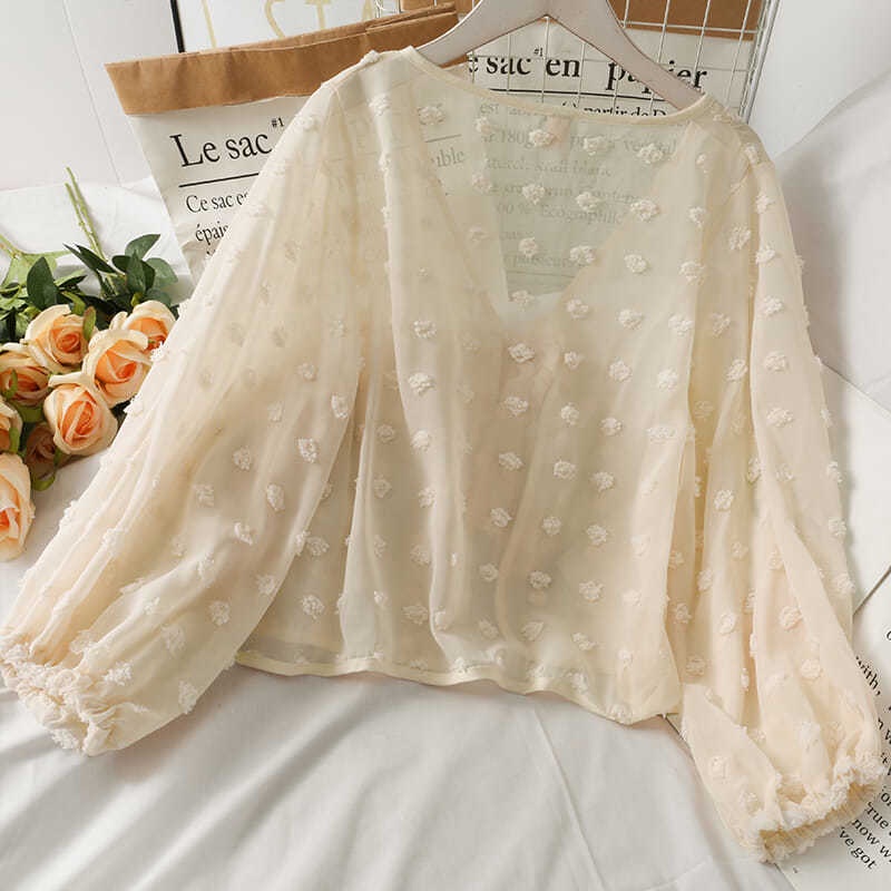 Áo Nữ Tay Dài Dáng Rộng Họa Tiết Chấm Bi Thời Trang Xinh Xắn