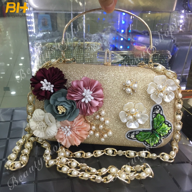 Ví Cầm Tay Ba Chiều Bằng Vải Satin Đính Hoa Ngọc Trai Kim Cương Ba Chiều Mới Dành Cho Bạn Nữ Dự Tiệc Tối