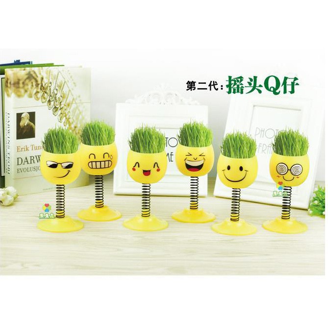 Chậu cây cảnh mini hình mặt cười đáng yêu, Emojji con lắc lò xo, tặng kèm đất và hạt giống cỏ tóc shop chaucaydep