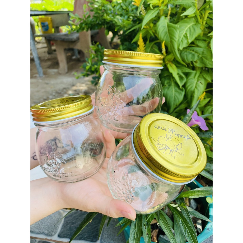 HỦ THỦY TINH IN HOA VĂN HÌNH TRÁI CÂY_NẮP NHÔM VÀNG IN HOA 350ML