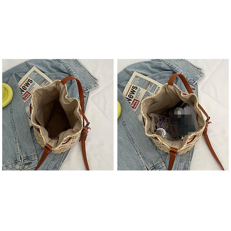 Túi Bucket cói phối da đeo vai đeo chéo dây rút họa tiết thổ cẩm