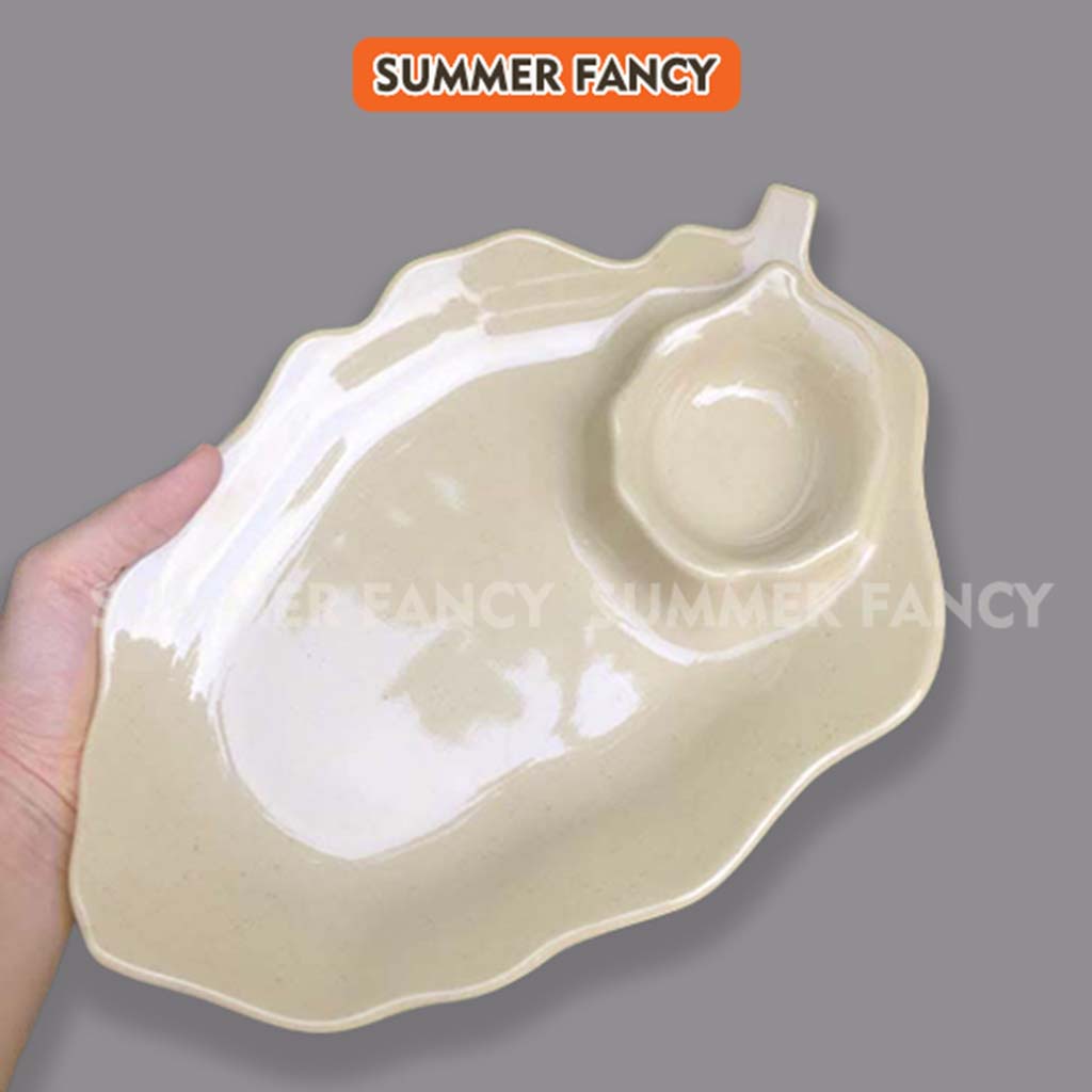 Dĩa đựng trái cây lá có chén tương 25 x 17 cm cao cấp đĩa phíp đen nâu - Leaf dish F-DTC06