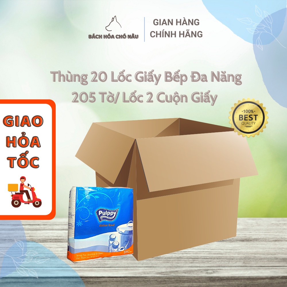 Thùng 20 Lốc 2 Cuộn Giấy Bếp Đa Năng Pulppy Classic 205 Tờ Giấy 2 Lớp Cao Cấp dùng Thấm dầu, Lau chùi Vệ sinh Nhà, Bếp