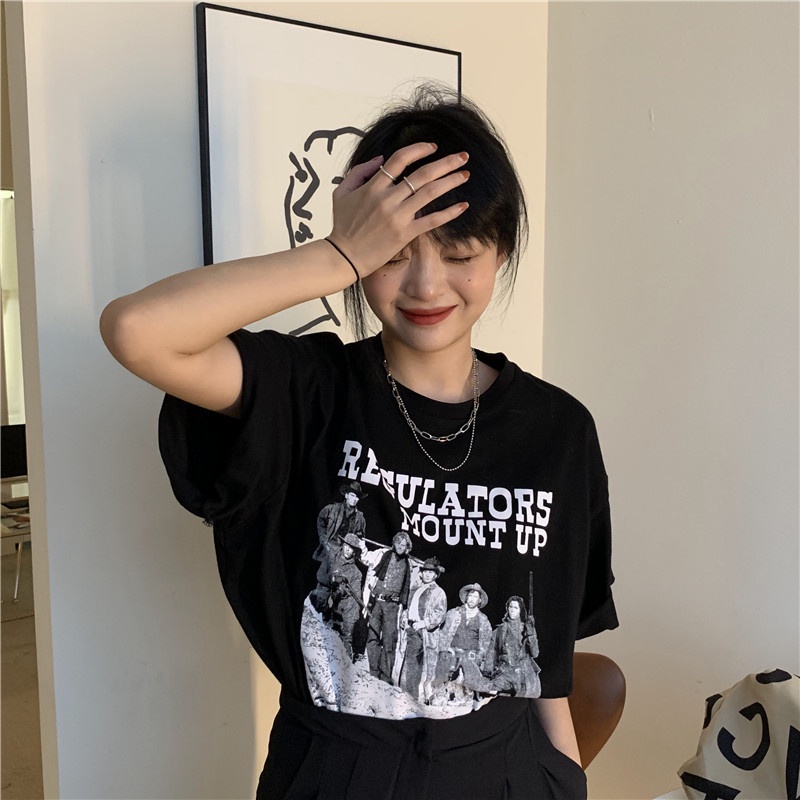 IELGY  IELGY Áo Thun Ngắn Tay Dáng Rộng Thời Trang retro Mỹ Cho Nữ