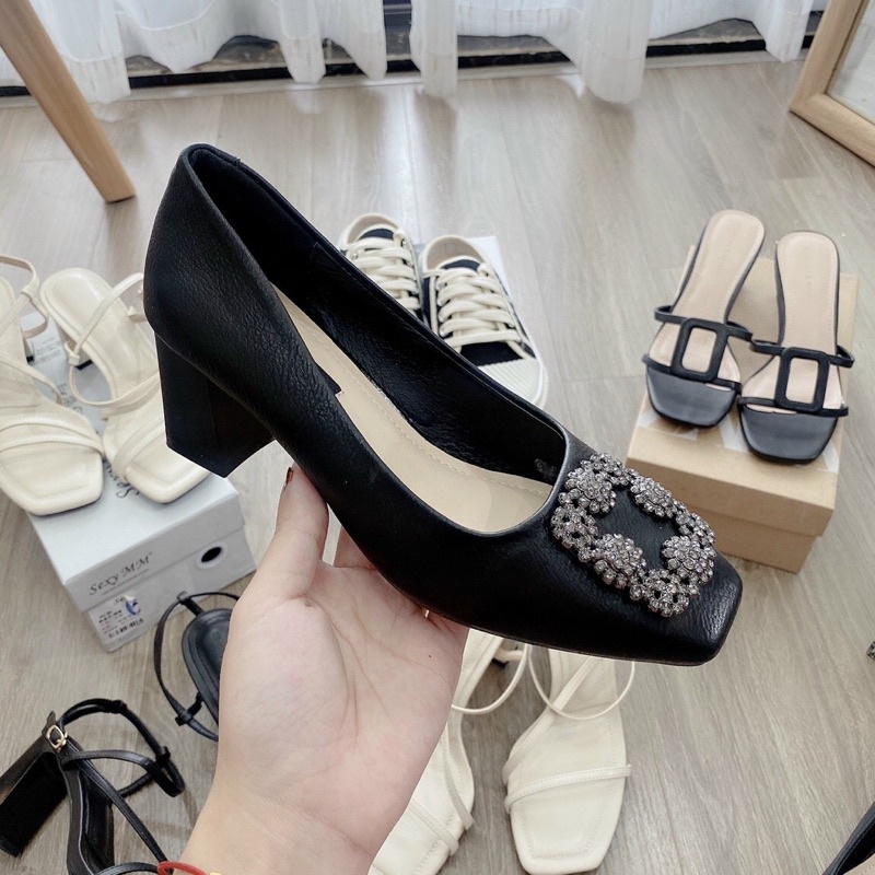 Giày da lỳ mũi vuông nơ đá