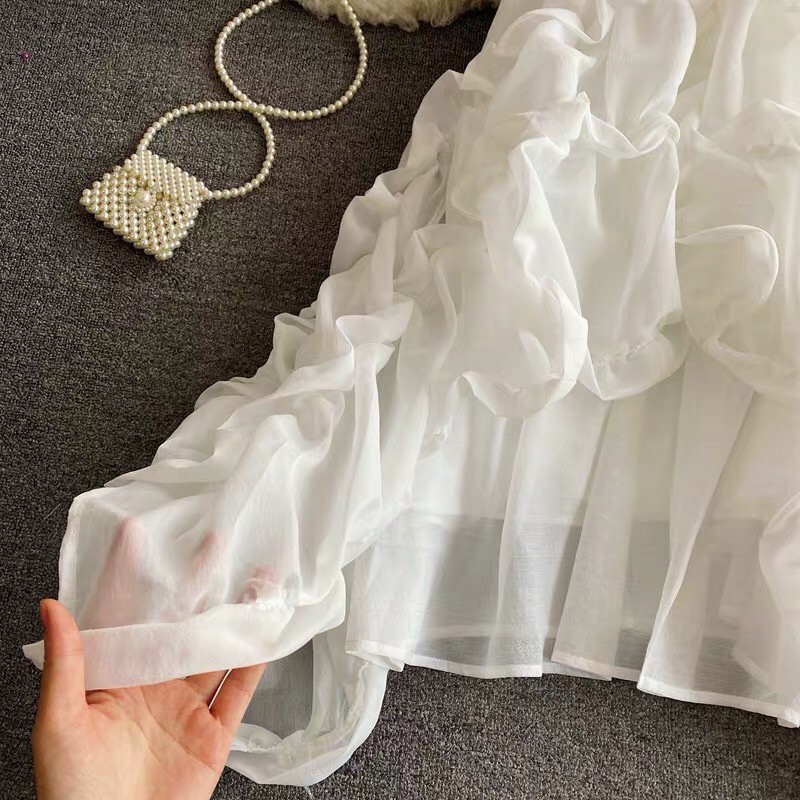 (Ảnh thật) Váy đầm maxi trắng 2 dây xoè tầng bèo tiểu thư vintage công chúa siêu xinh đi chơi đi tiệc boho thổ cẩm