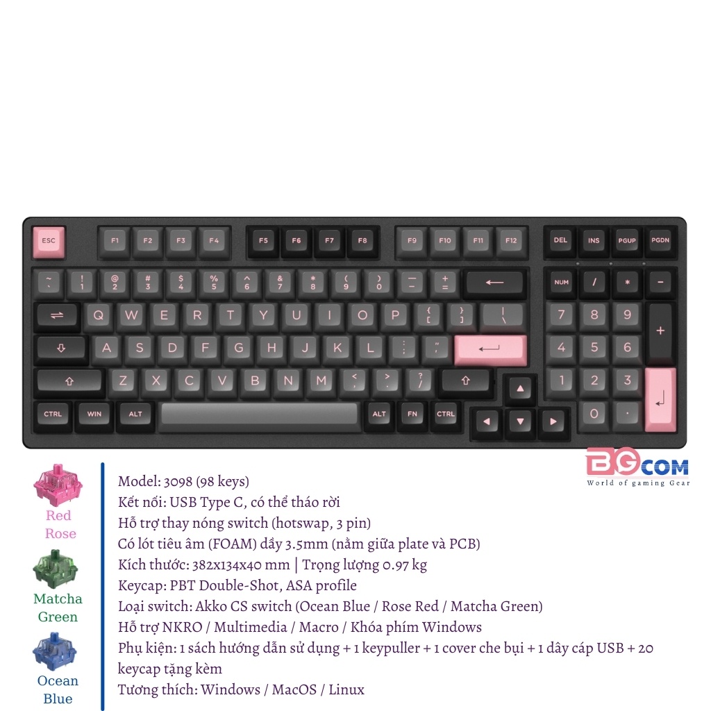 [Chính hãng] Bàn phím cơ AKKO 5108s RGB|3068B Multi modes Black Pink (Hotswap |Akko CS Switch cao cấp |Foam tiêu âm)