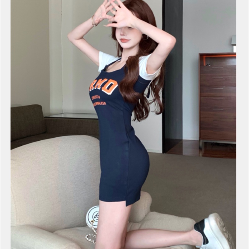 Đầm Tay Ngắn Dáng Ôm Màu Sắc Tương Phản Thời Trang Cho Nữ