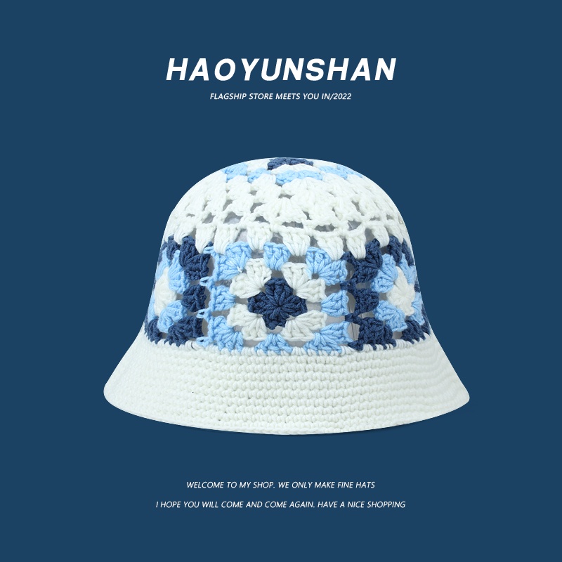 Mũ Bucket Đan Len Thủ Công Thoáng Khí Màu Sắc Tương Phản Phong Cách Nhật Bản Cho Nữ