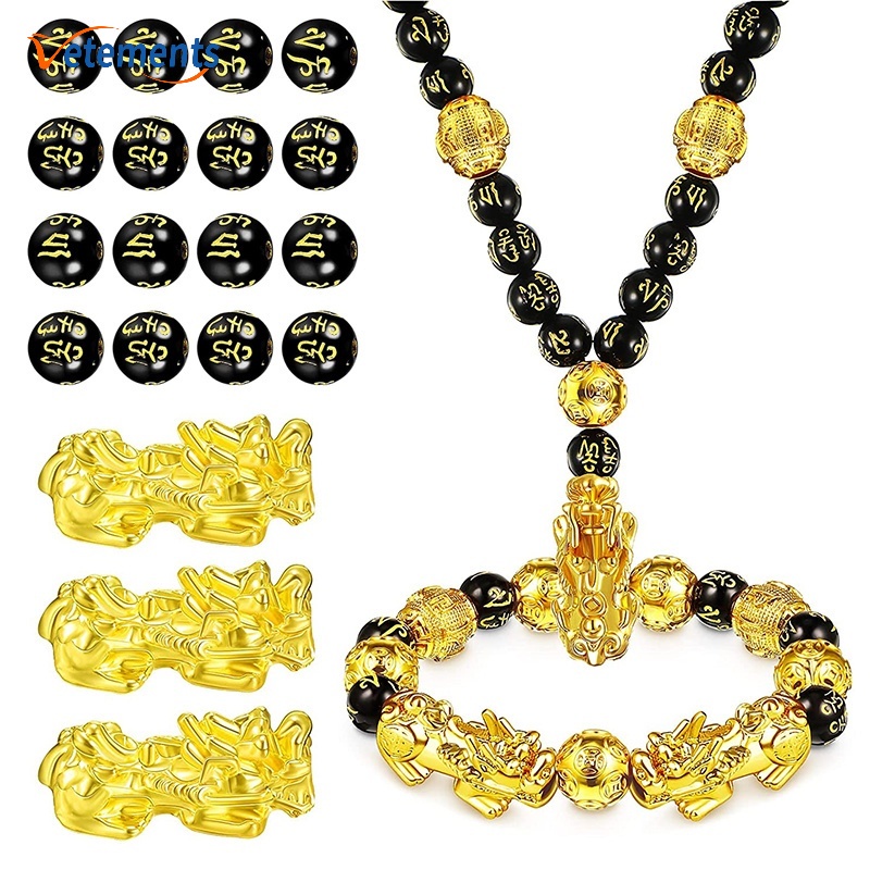 Vòng Tay Xỏ Hạt Đá Obsidian Mạ Vàng/Đen Mang Lại May Mắn Thời Trang Nữ