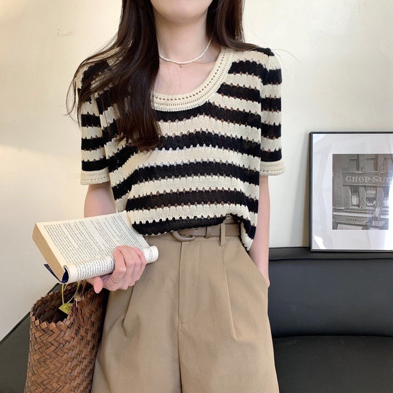 Áo Ba Lỗ Len Mỏng Dệt Kim Croptop Kẻ Sọc Ngang Form Rộng Dáng Suông Mềm Mát TAN139