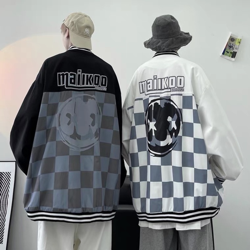 ✦AFFLIGA✦ Áo Khoác Bóng Chày Cổ Đứng Dáng Rộng In Họa Tiết Caro Phối Khóa Kéo Kiểu hip-hop Đường Phố Hàn Quốc Thời Trang Xuân Thu Cho Nam