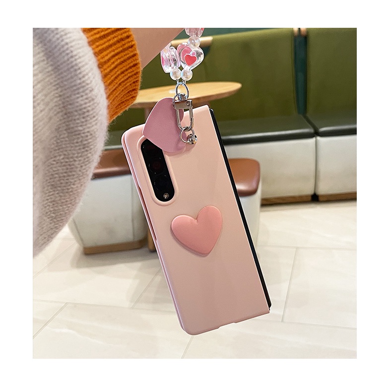 Ôp Điện Thoại Màu Hồng Họa Tiết Trái Tim Phối Dây Đeo Tay Dễ Thương Cho samsung galaxy z fold 5 4 2 3 5g Ốp