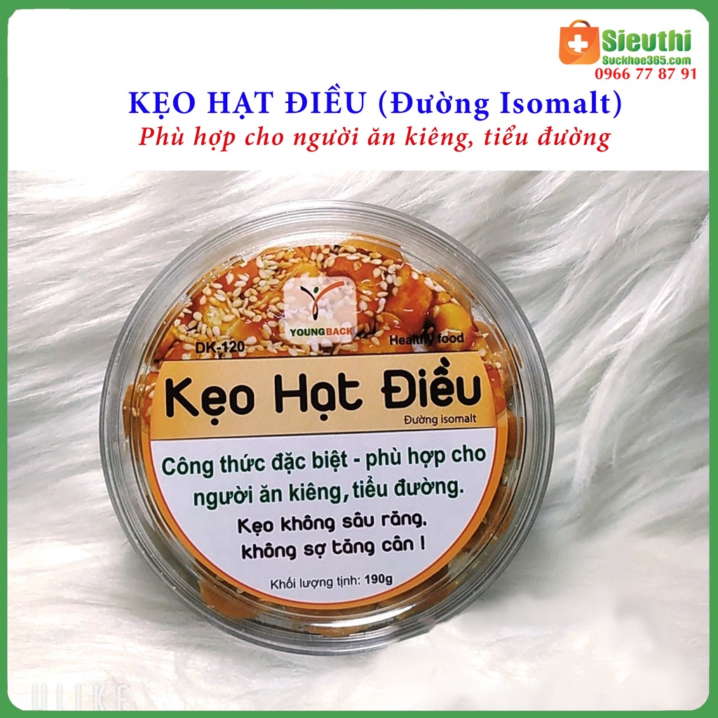Kẹo hạt điều dành cho người tiểu đường, ăn kiêng, kẹo dinh dưỡng hộp 190g Siêu Thị Sức Khoẻ 365