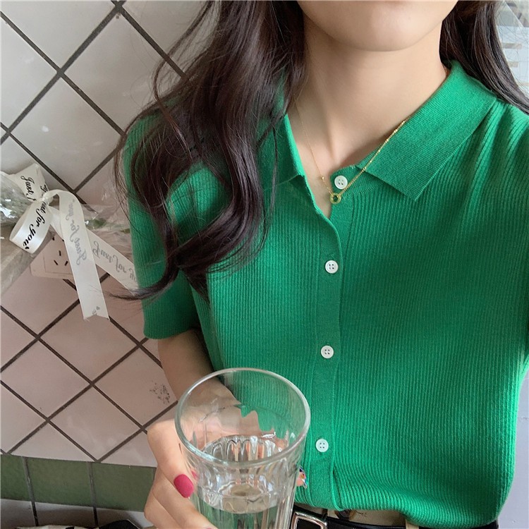 Áo thun POLO dệt kim tay ngắn dáng rộng màu sắc đơn giản dễ phối đồ | BigBuy360 - bigbuy360.vn