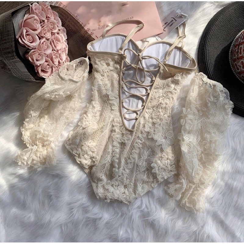 [BKN584] &lt;HÀN&gt; BODYSUIT REN BE CAO CẤP TAY BỒNG TIỂU THƯ KIỂU HÀN (CÓ GỌNG)