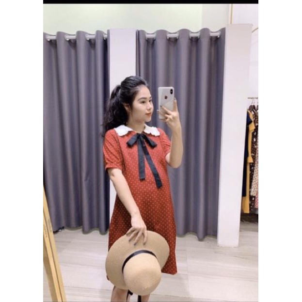 [Xả kho] Váy bầu chấm bi cổ sen cao cấpthiết kế sang chảnhchất liệu lụa chéo thái mát, mềm, mịn
