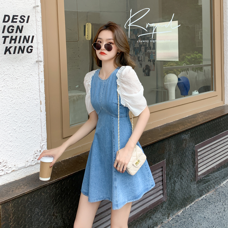 Đầm Denim Cổ Tròn Phối Voan Thời Trang Mùa Hè Pháp Dành Cho Nữ 2021