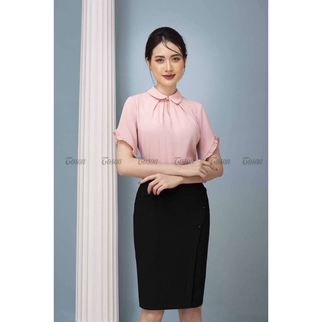 Áo sơ mi chiffon hồng cổ sen, tay lượn xếp bèo - TOSON - 11008P81