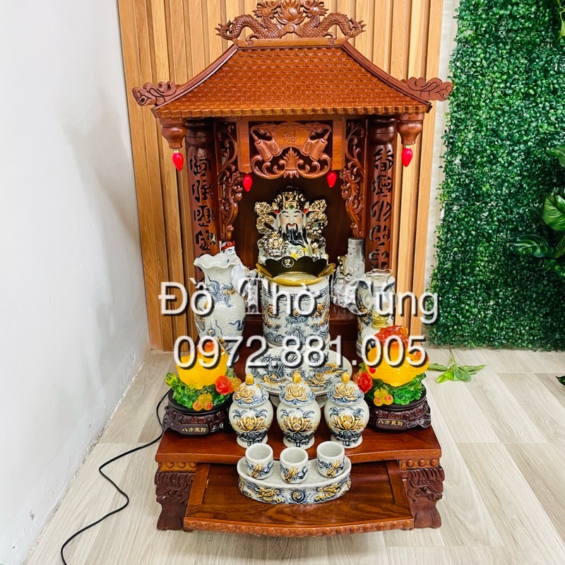 Bộ đồ thờ thần tài  Men rạn đắp nổi cao cấp ban mái đình gỗ hương