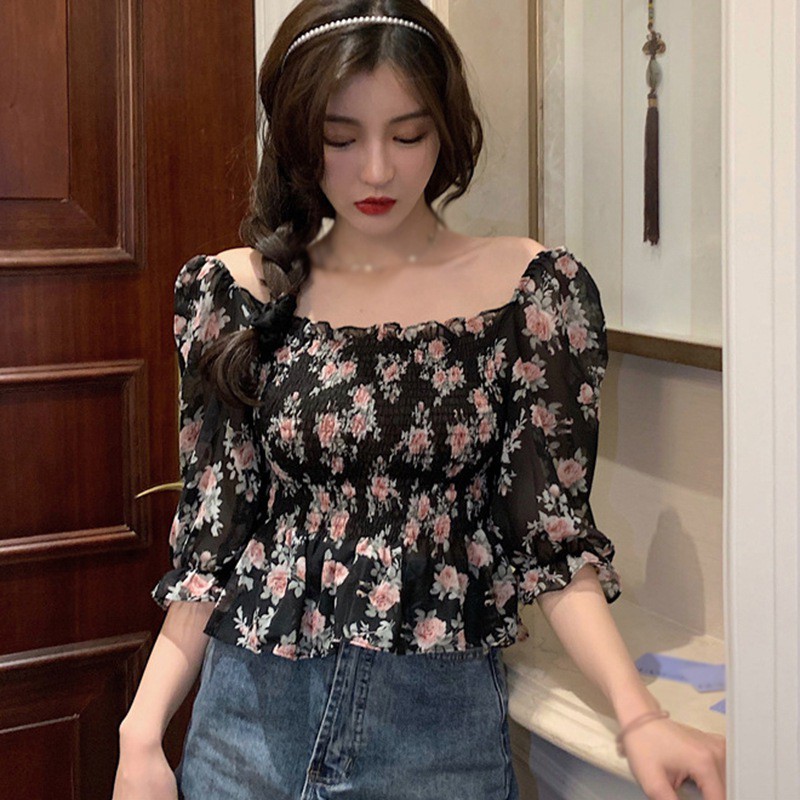 Áo Kiểu Chất Chiffon Hoạ Tiết Hoa Thiết Kế Trễ Vai Quyến Rũ