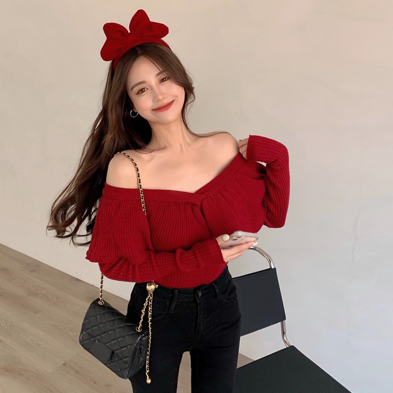 Áo len trễ vai nữ dễ thương, áo trễ vai nữ hot girl sang chảnh hàng quảng châu A1249 có video ảnh thật