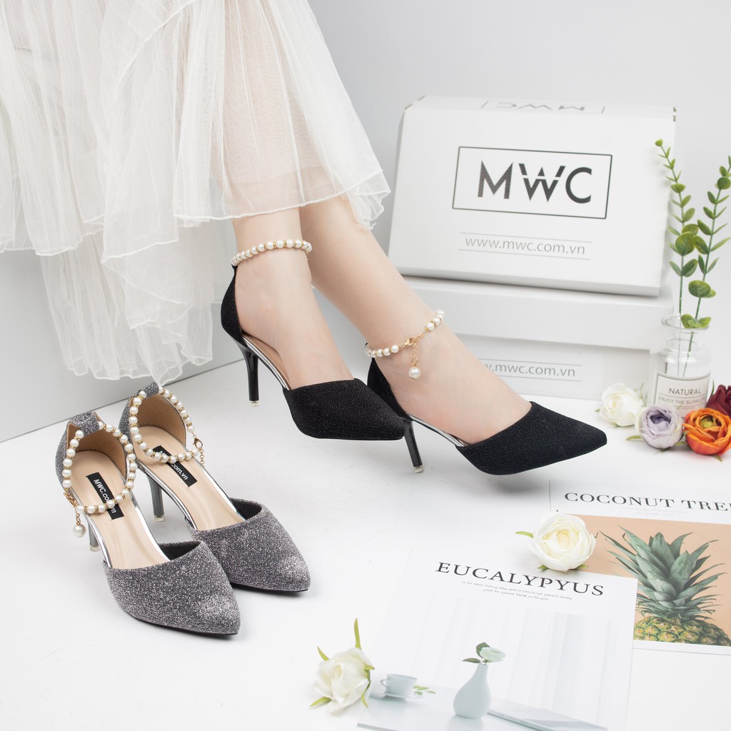 Giày cao gót nữ MWC cao gót quai hậu 7CM đế mũi nhọn da phối kim tuyến êm chân NUCG-3785