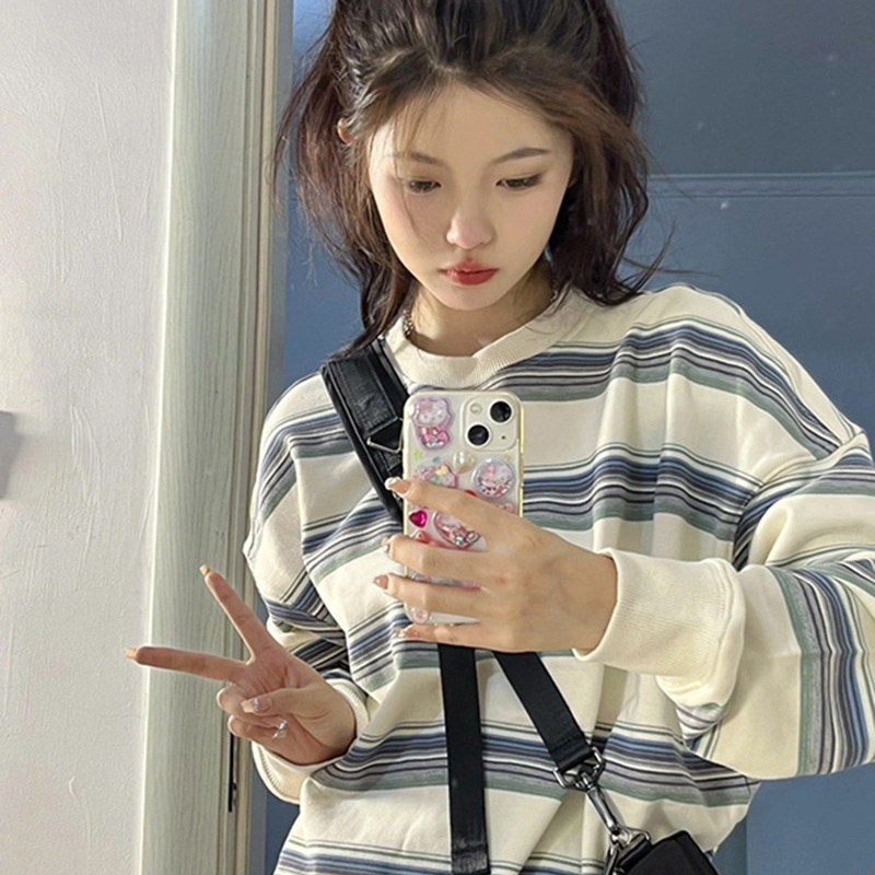 Áo Hoodies Tay Dài Hoạ Tiết Kẻ Sọc Thiết Kế Mới Thời Trang Mùa Thu Cho Phái Nữ