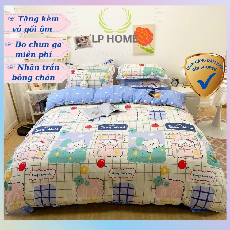 Bộ chăn ga gối Poly Cotton HQ em bé gấu cho người đáng yêu (Tặng vỏ gối ôm) - Miễn phí bo chun