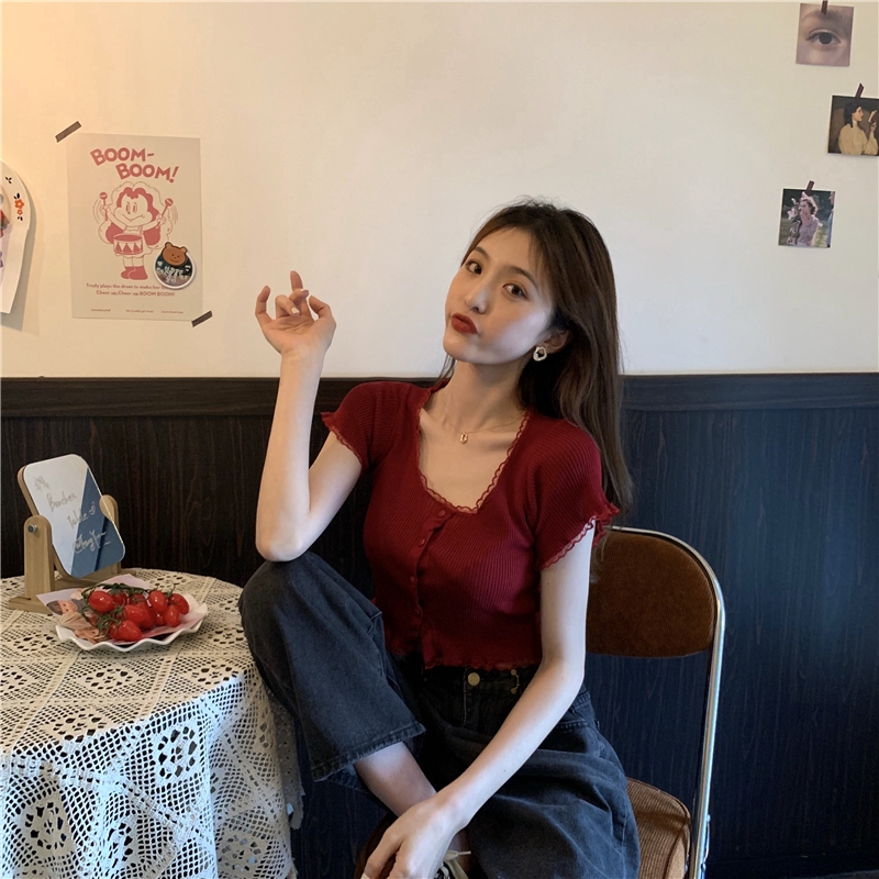Áo dệt kim SUXI tay ngắn phối ren thời trang phong cách Hàn Quốc