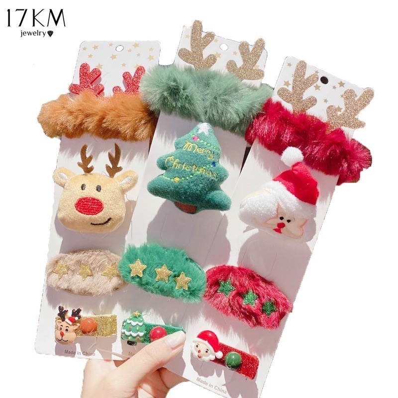 Bộ kẹp tóc 17KM bằng lông nhung hình ông già Noel + sừng hươu + nơ hoạt hình thời trang