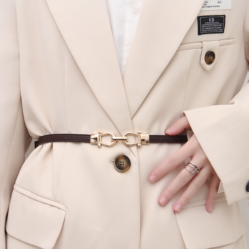 Thắt Lưng Da Bản Nhỏ Phối Khóa Kim Loại Phong Cách Boho Hàn Quốc Cổ Điển Cho Nữ