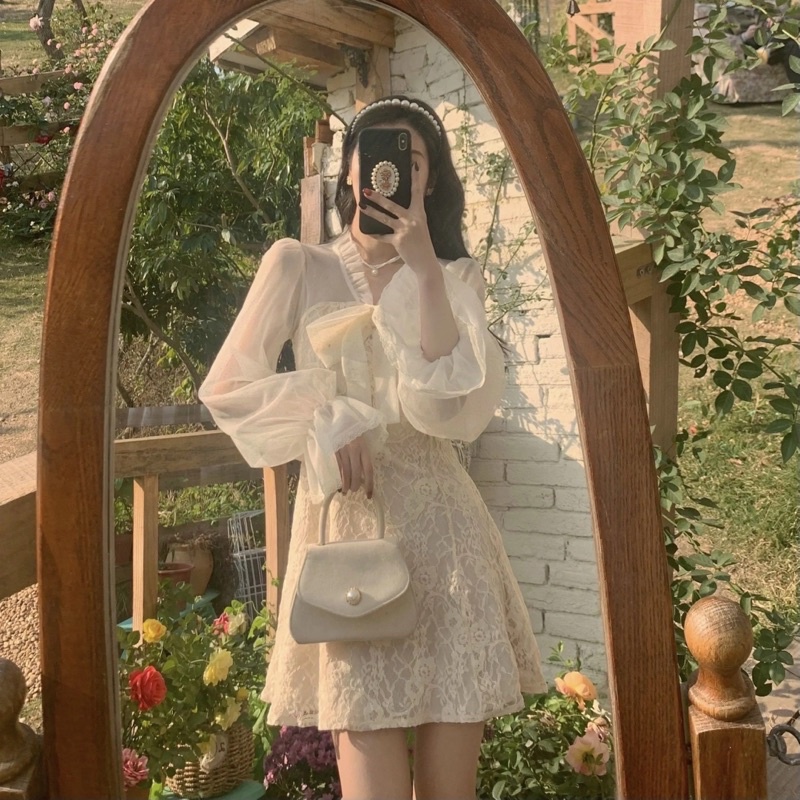 SẴN🎀Váy ulzzang ren lưới kiểu tiểu thư tay loe/Đầm xoè công chúa dự tiệc bánh bèo điệu vintage đi tiệc