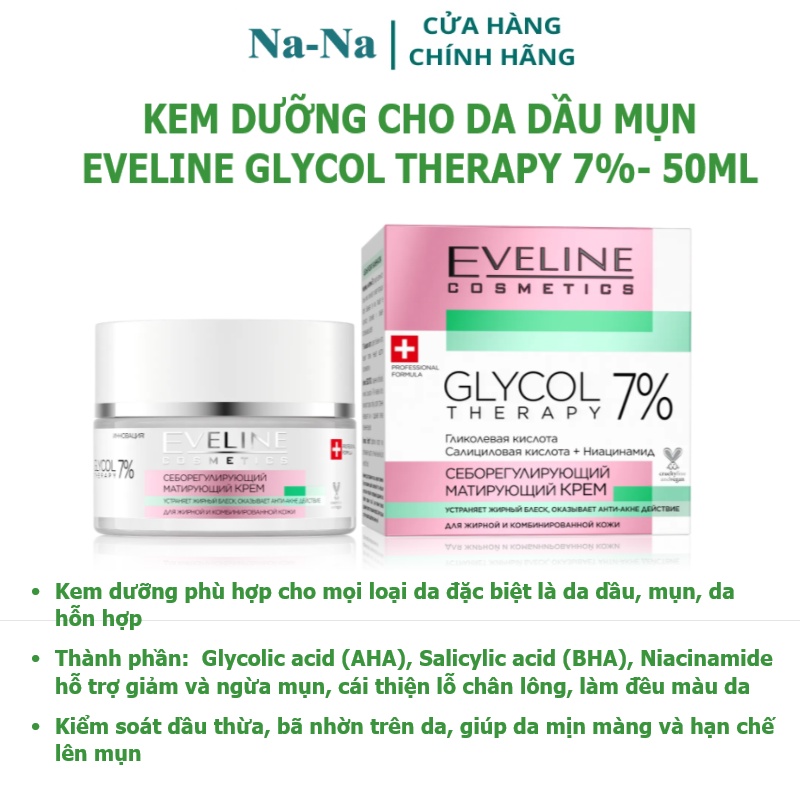 [Nhập khẩu chính hãng] Kem dưỡng cho da dầu, mụn, da hỗn hợp Eveline 7% giúp giảm thâm, ngừa mụn, kiểm soát dầu trên da