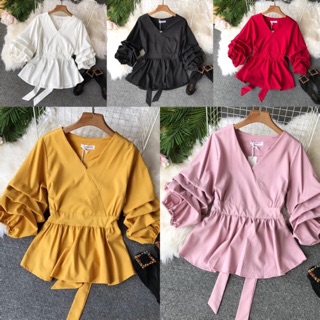 Áo sơ mi kiểu cổ v, tay lỡ nhún bồng, dáng peplum xoè ( ORDER + ẢNH THẬT)
