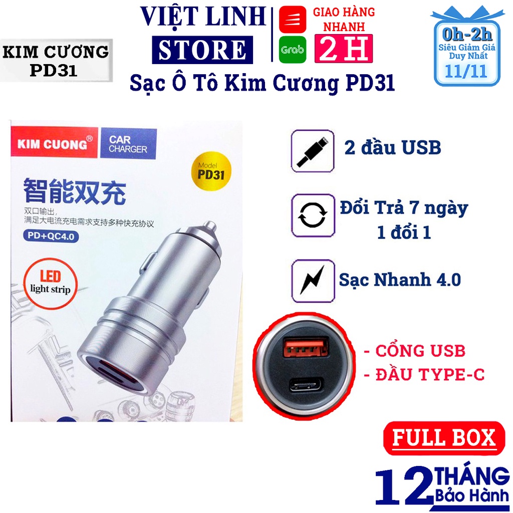 Tẩu sạc nhanh xe hơi ô tô ,củ sạc xe hơi kim cương đầu type-C USB - PD31 quick charge 4.0 kèm LED - Việt Linh Store