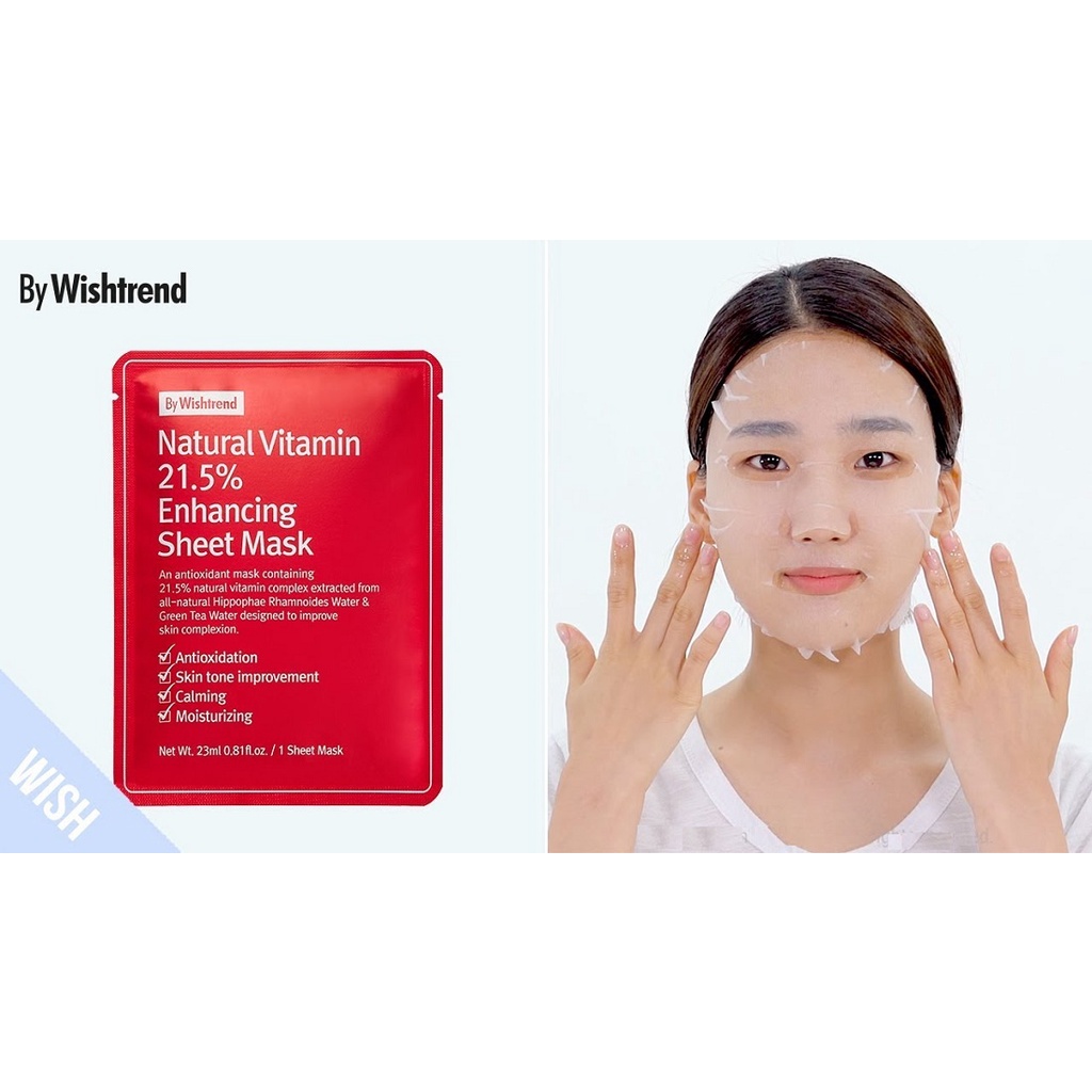 Combo 10 Mặt nạ dưỡng trắng da làm mờ vết thâm By Wishtrend Natural Vitamin C 21.5 Enhancing Sheet Mask 23ml x 10