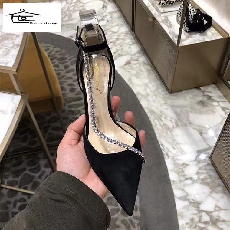 Giày Cao Gót 2022 Màu Đen Đính Đá Trang Trí Sang Trọng Thời Trang Xuân Thu Cho Nữ
