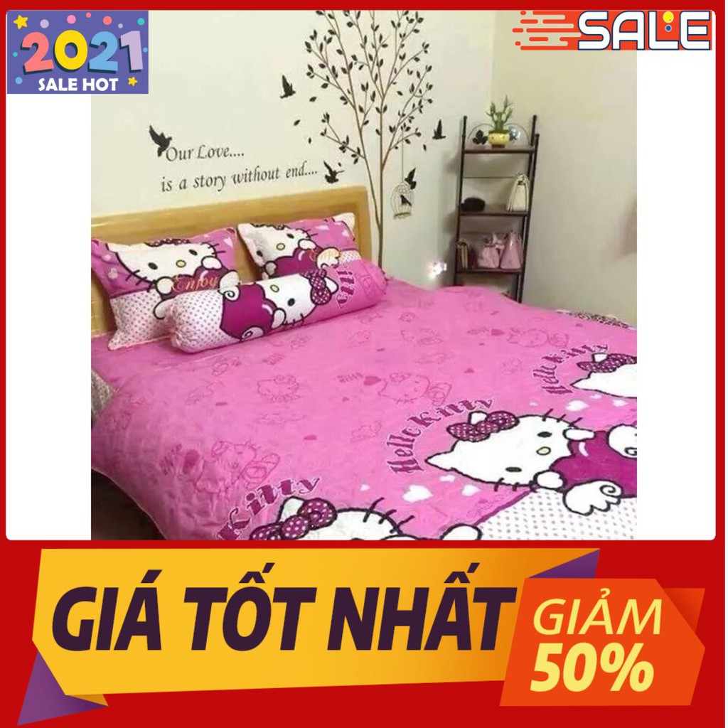 Bộ ga giường kèm 2 vỏ gối nằm 1m2x1m9 mẫu kitty thiên thần