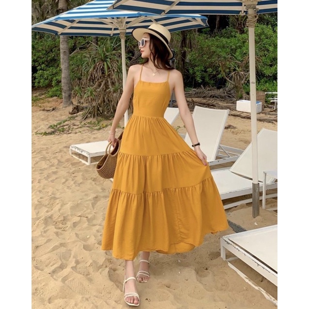 Đầm váy maxi vàng nghệ đan dây sau đi biển | BigBuy360 - bigbuy360.vn
