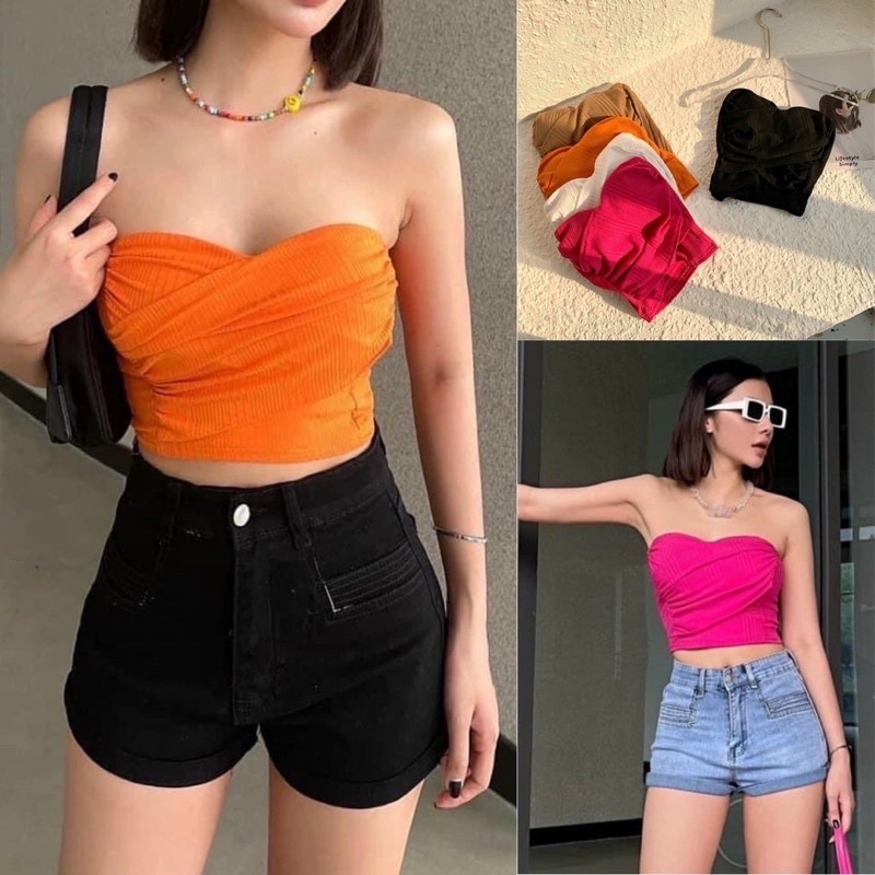 Có mút ngực Áo ống chất vải thun gân len đắp chéo có mút ngực