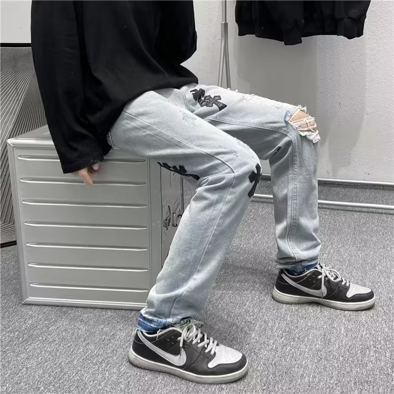 Quần Jean Dài Dáng Rộng Rách Gối Phong Cách Hip Hop Đường Phố Hàn Quốc Thời Trang 2022 Cho Nam Và Nữ