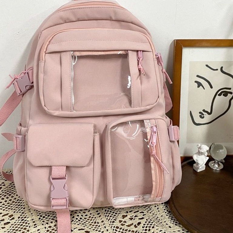 Balo Ulzzang Hàn Quốc học sinh đi học đi chơi ngăn Mica trong suốt phối lưới khóa kèm gâú bông - #balodihoc