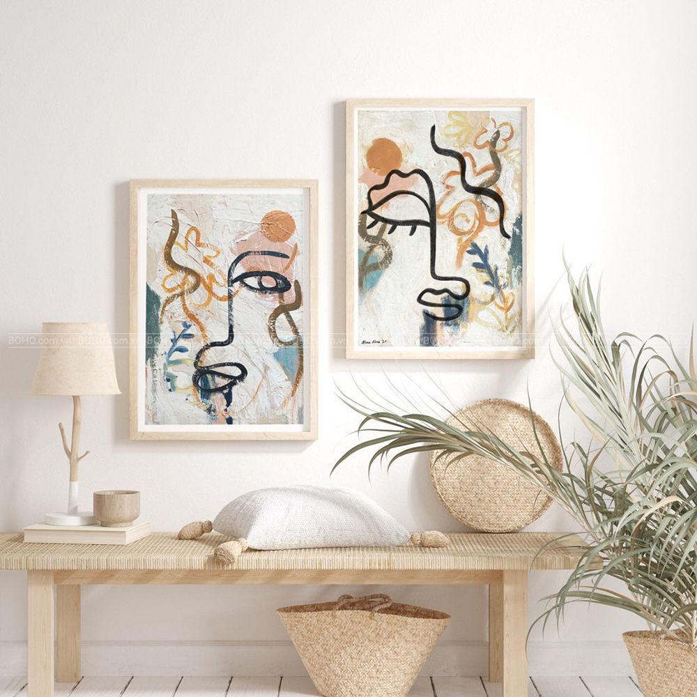 Tranh BOHO trừu tượng 50*70cm - Tranh canvas treo tường phòng khách phòng ngủ, tặng đinh 3 chân treo tranh.