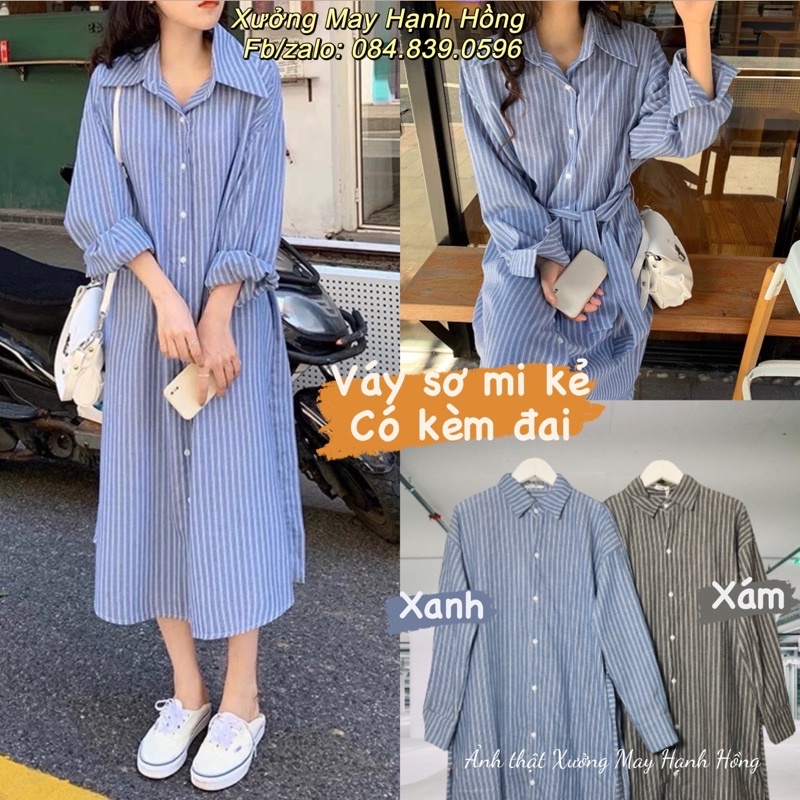 Đầm sơ mi kẻ sọc thoáng khí thời trang mùa thu Pháp, Váy sơ mi dáng suông kèm đai Xưởng May Hạnh Hồng