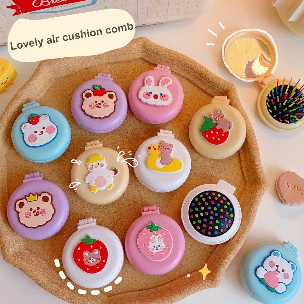 Dễ Thương Lược Chải Tóc Mini Chống Tĩnh Điện Có Túi Khí Mát Xa Da Đầu Kèm Gương Soi Tiện Lợi